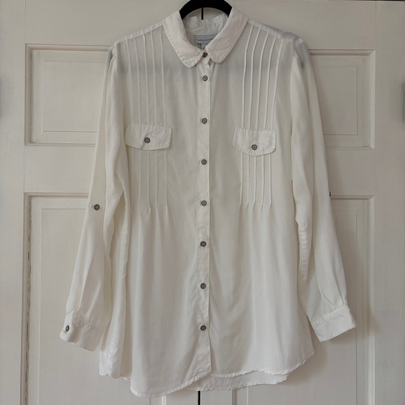 Soft Surroundings White Pintucked Pleated Button Up Collared Blouse Size Large - Picture 1 of 12